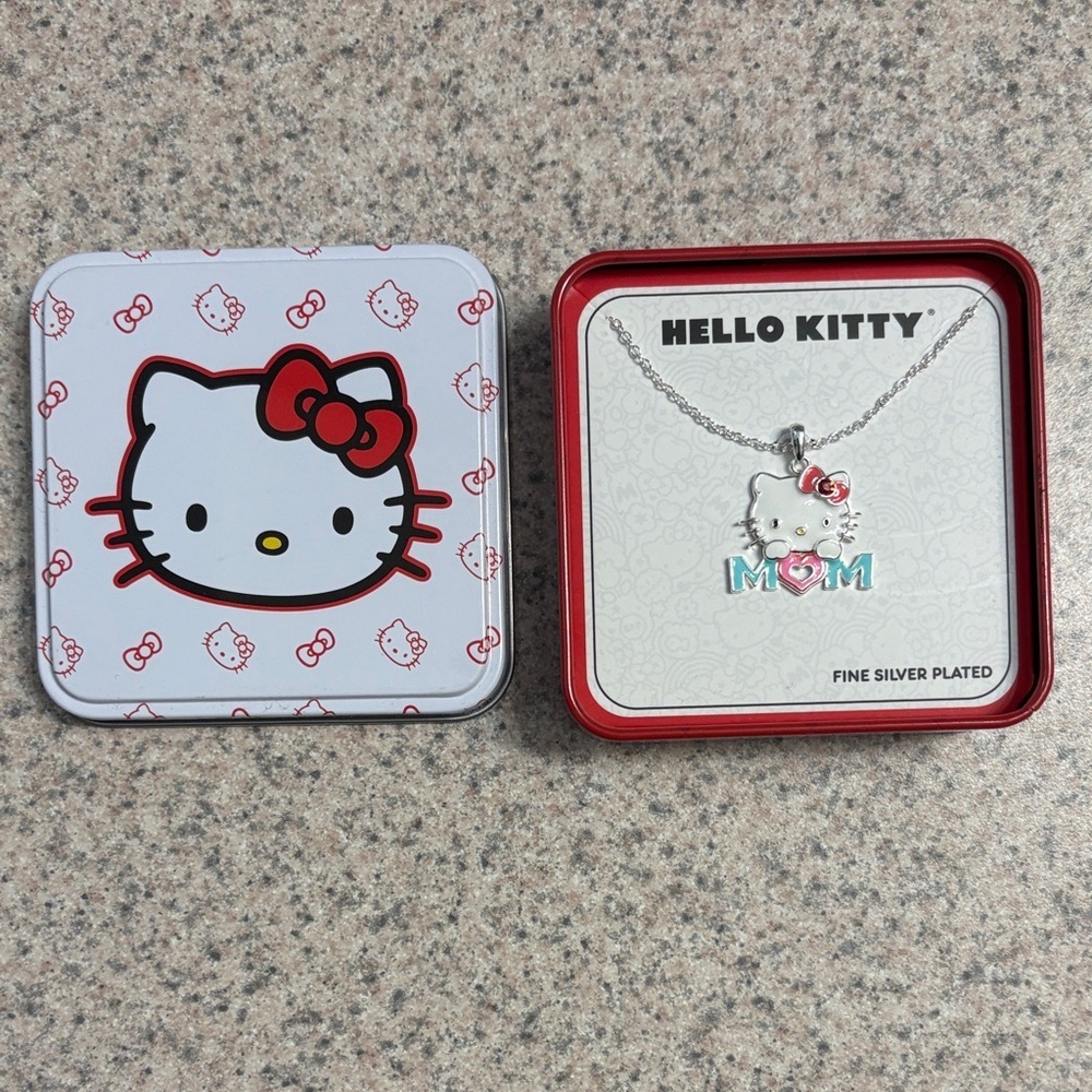 Hello Kitty Silver Necklace with Pink Bow and Blue MOM Pendant